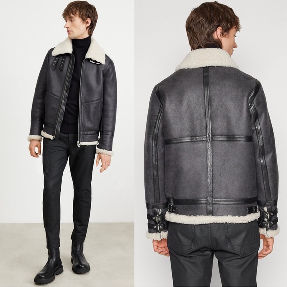 Hugo Boss Other - Hugo Boss Lambskin Leather Shearling Buckle Strap Coat Size Large NWT Dark Grey